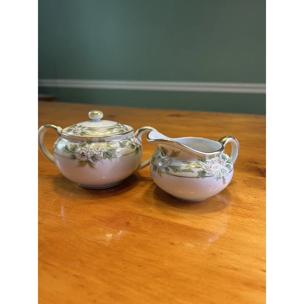 Nippon Floral Hand Painted Porcelain Creamer & Sugar Set W/Lid Vintage